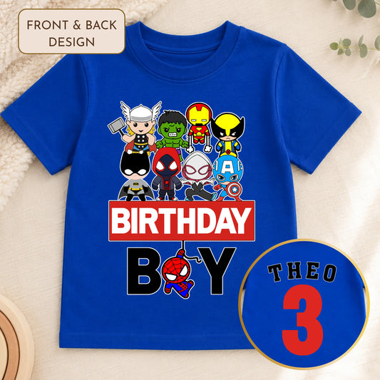 Boys Personalised Superhero Birthday T-Shirt with Name & Age Front and Back AishaBaileyDesigns