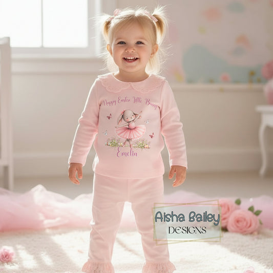 Personalised Easter pyjamas for girls with ballerina bunny design, frill details, and custom name in soft pastel colours
