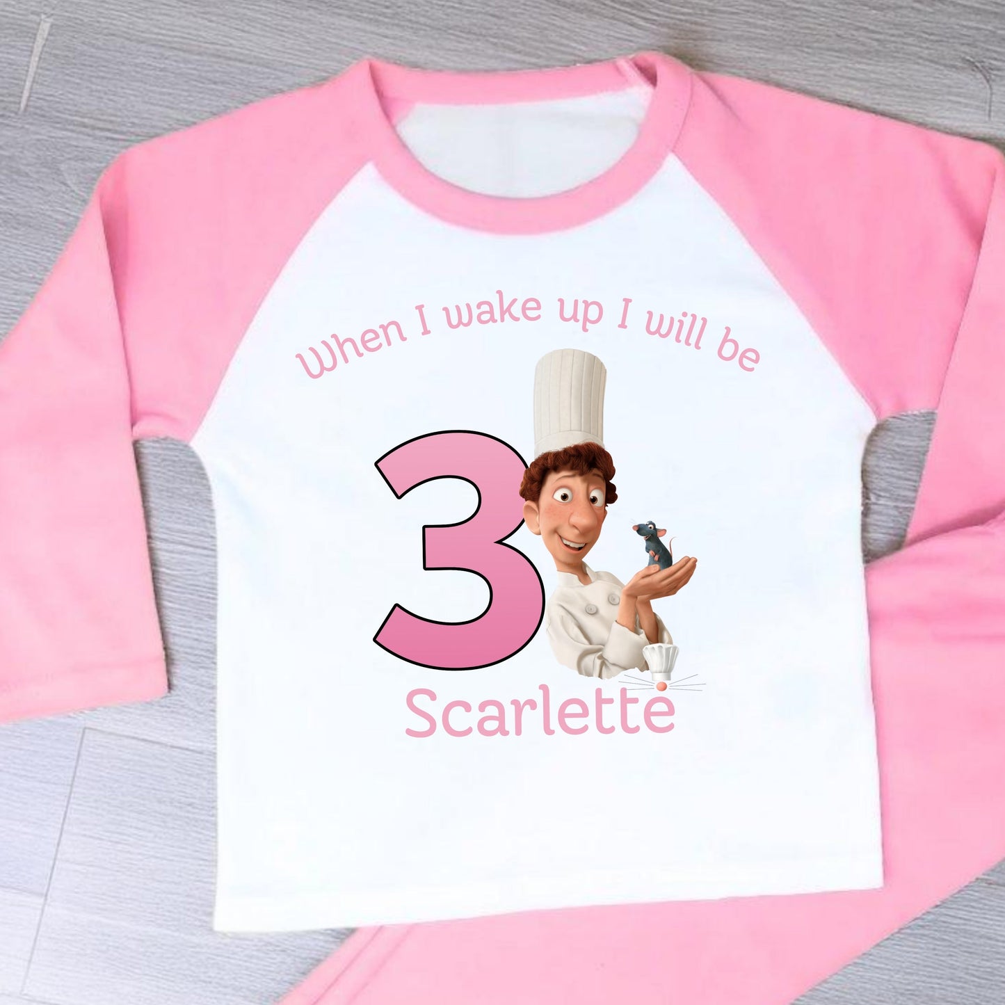 Ratatouille birthday pyjamas: Pink and white personalised birthday pyjamas with ratatouille character with name and age