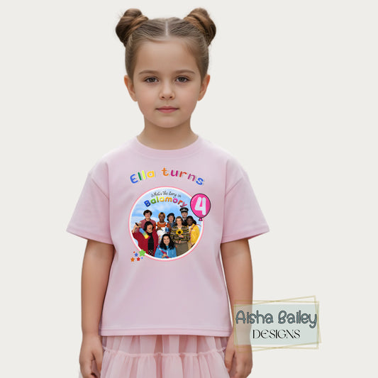 Personalised Balamory birthday t-shirt for girls with custom name and any age colourful toddler birthday shirt