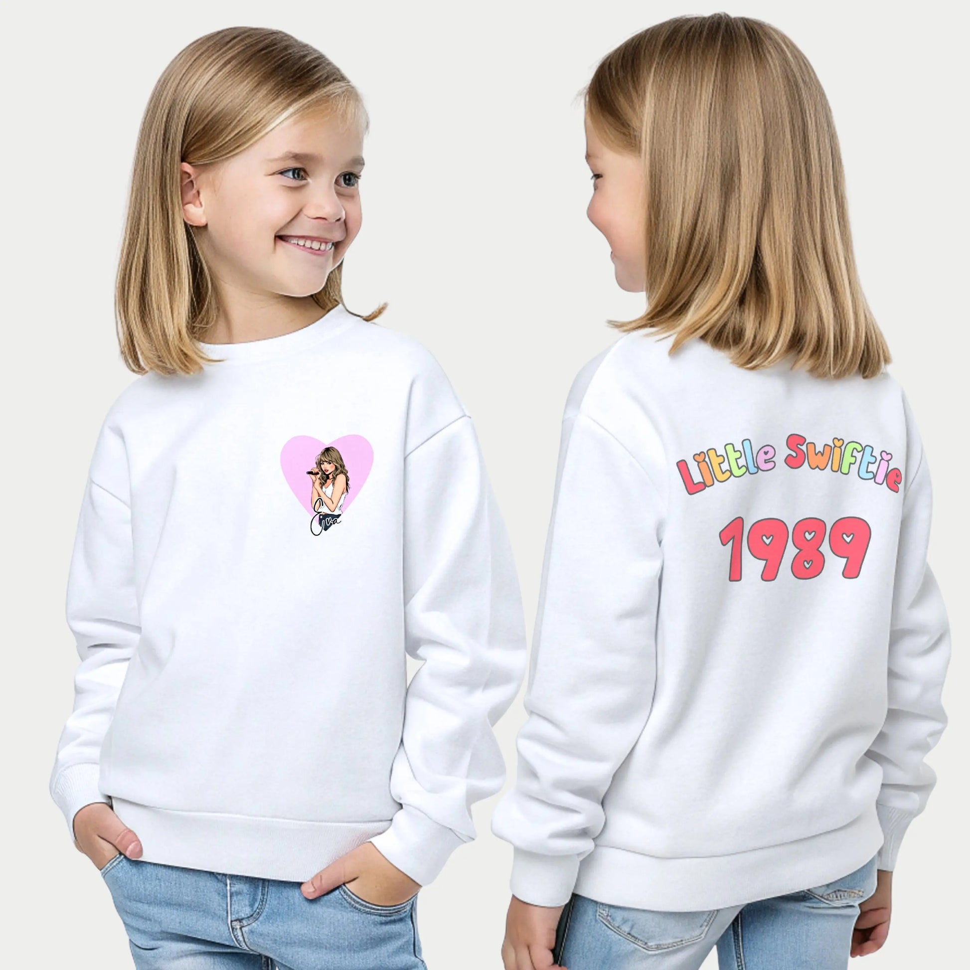 Little Swiftie sweatshirt personalised with custom name and age. Taylor Swift jumper with name