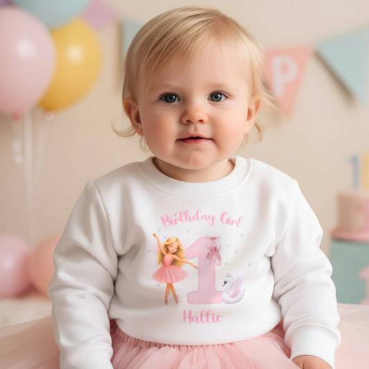 Personalised Ballerina Birthday Sweatshirt for Girls with custom name and age. The perfect cute birthday gift for girls