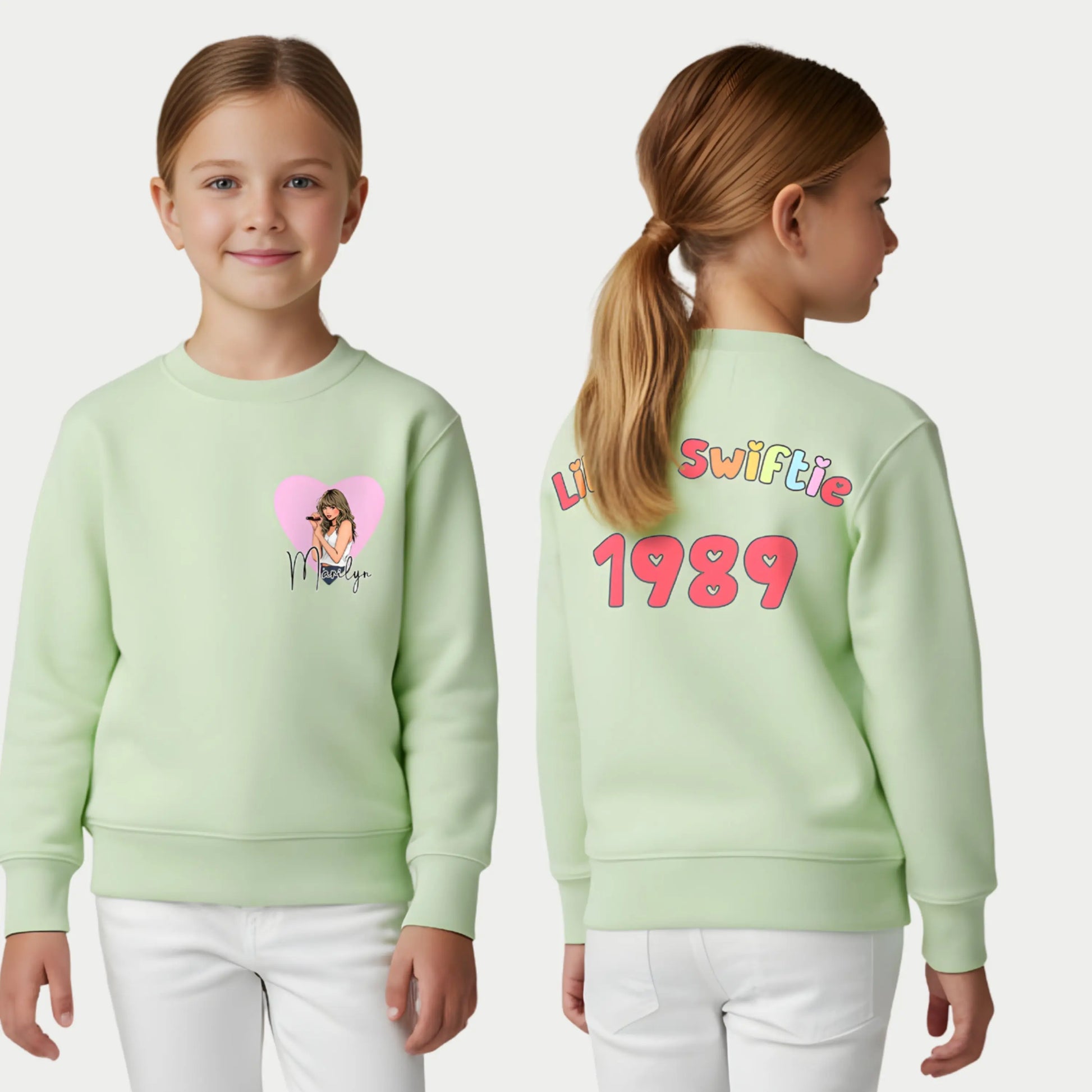 Little Swiftie sweatshirt personalised with custom name and age. Taylor Swift jumper with name