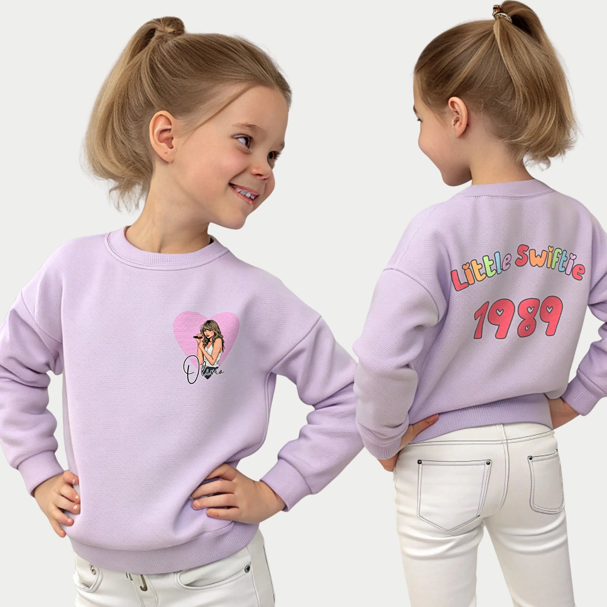 Little Swiftie sweatshirt personalised with custom name and age. Taylor Swift jumper with name