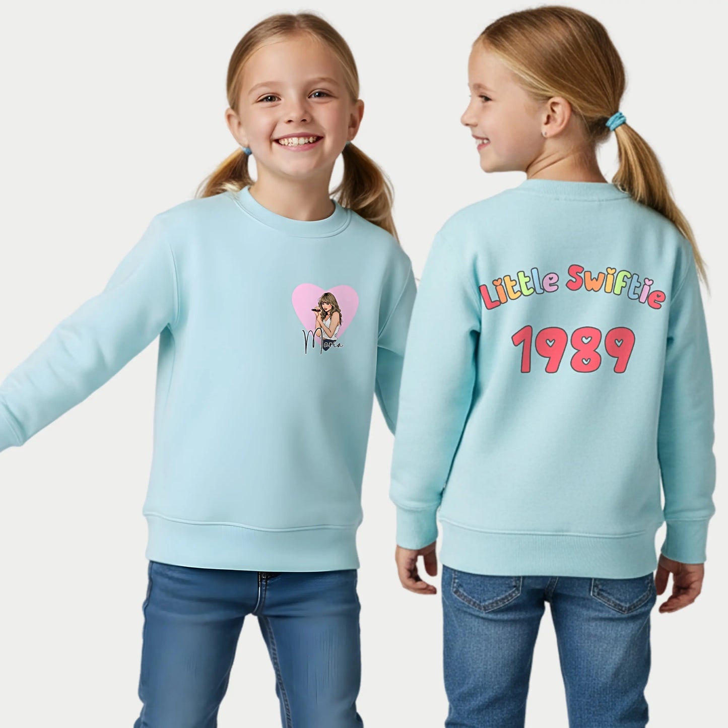 Little Swiftie sweatshirt personalised with custom name and age. Taylor Swift jumper with name