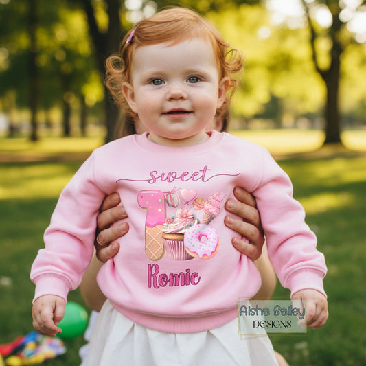 1st birthday sweatshirt - Personalised sweet one birthday sweatshirt for baby girl with ice cream donut design and custom name
