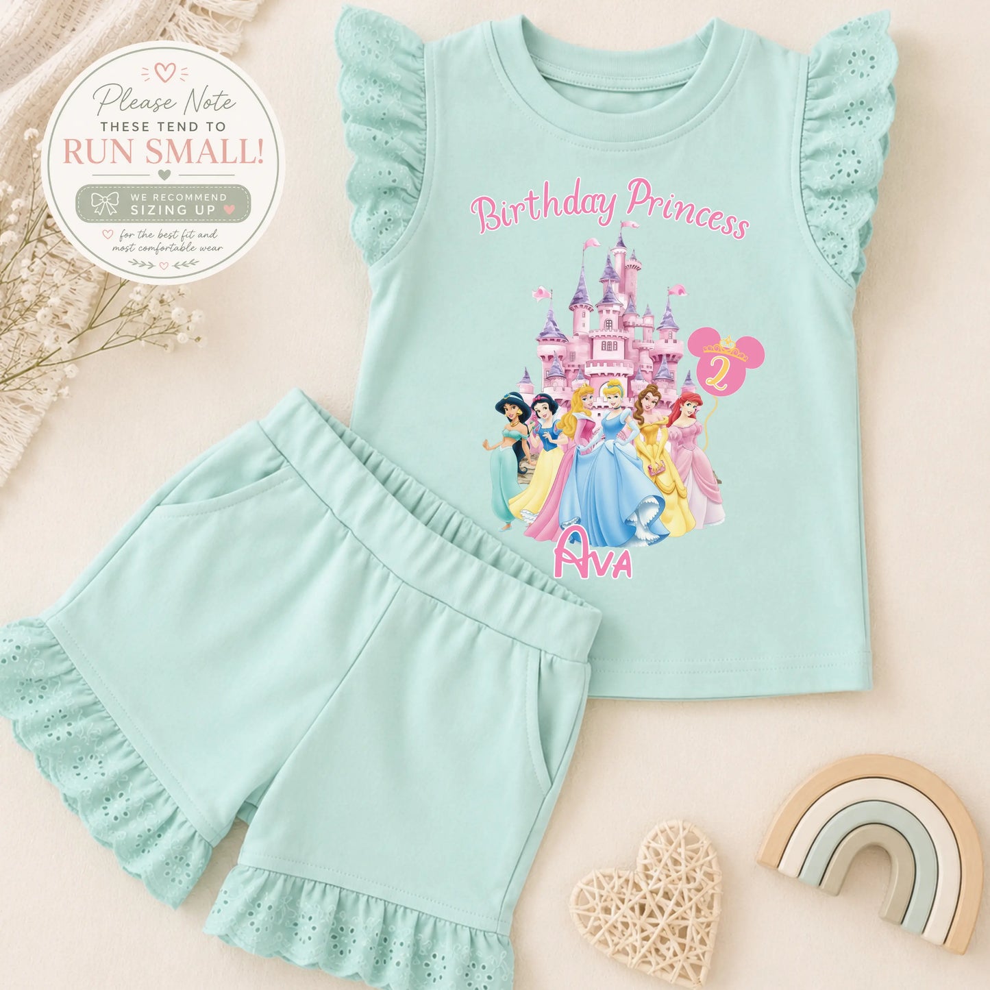 Personalised Princess Birthday Outfit for Girls – Frilly Top and Shorts Set AishaBaileyDesigns