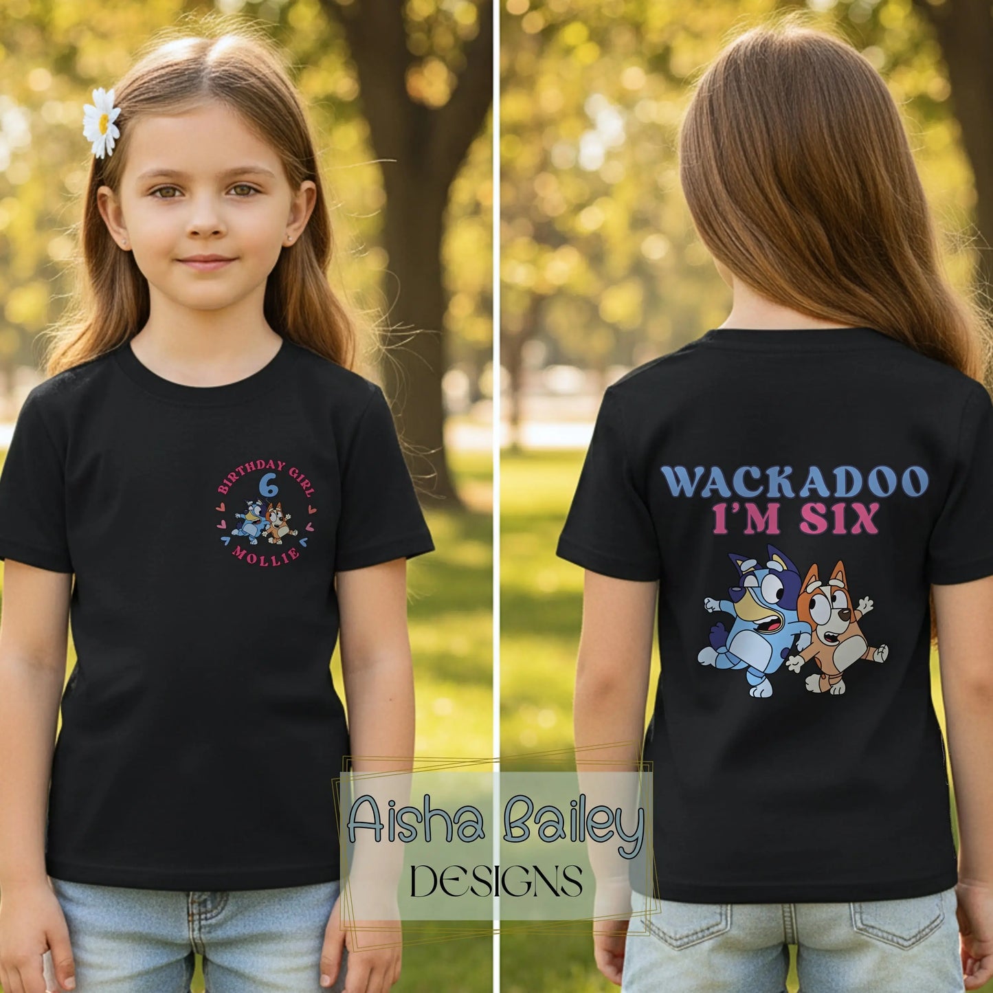 Personalised girls birthday t-shirt with Wackadoo I’m custom age design, name and age front print and large back print white tee