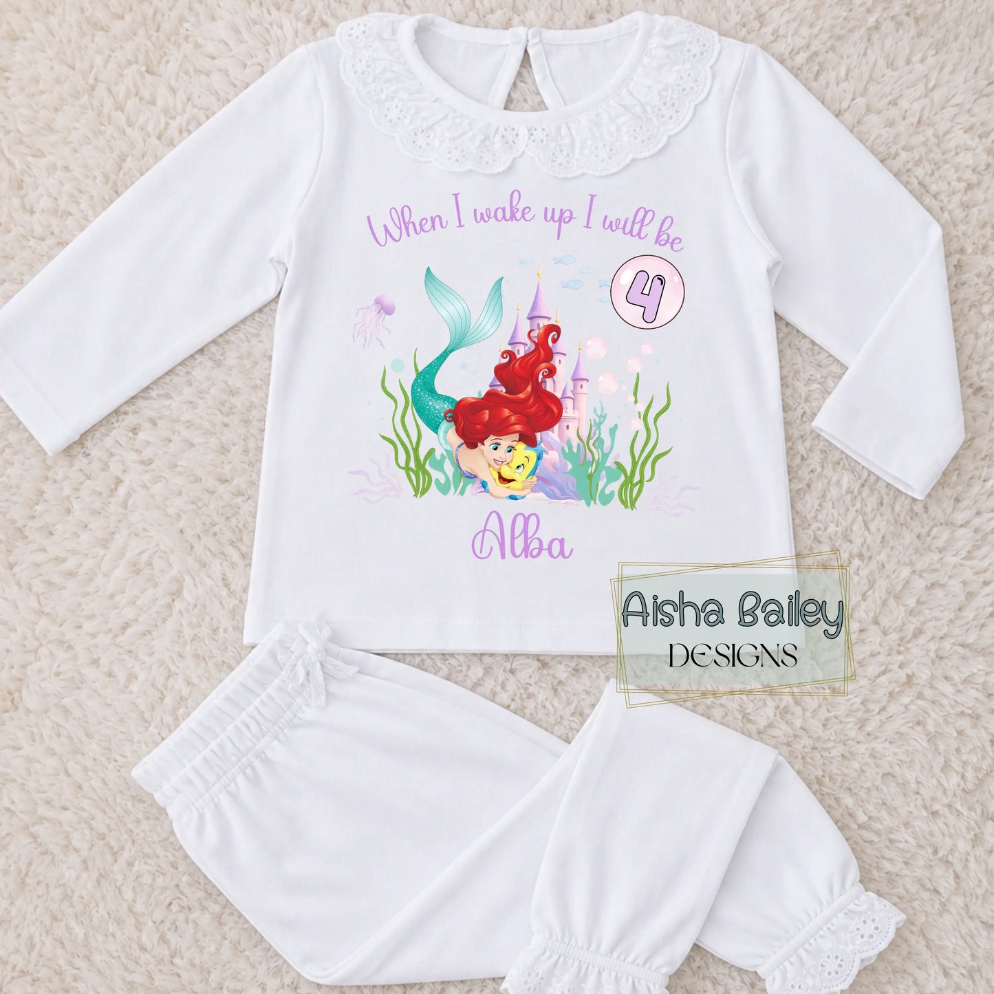 Personalised girls mermaid Ariel birthday pyjamas white frilly set with name Alba age 5