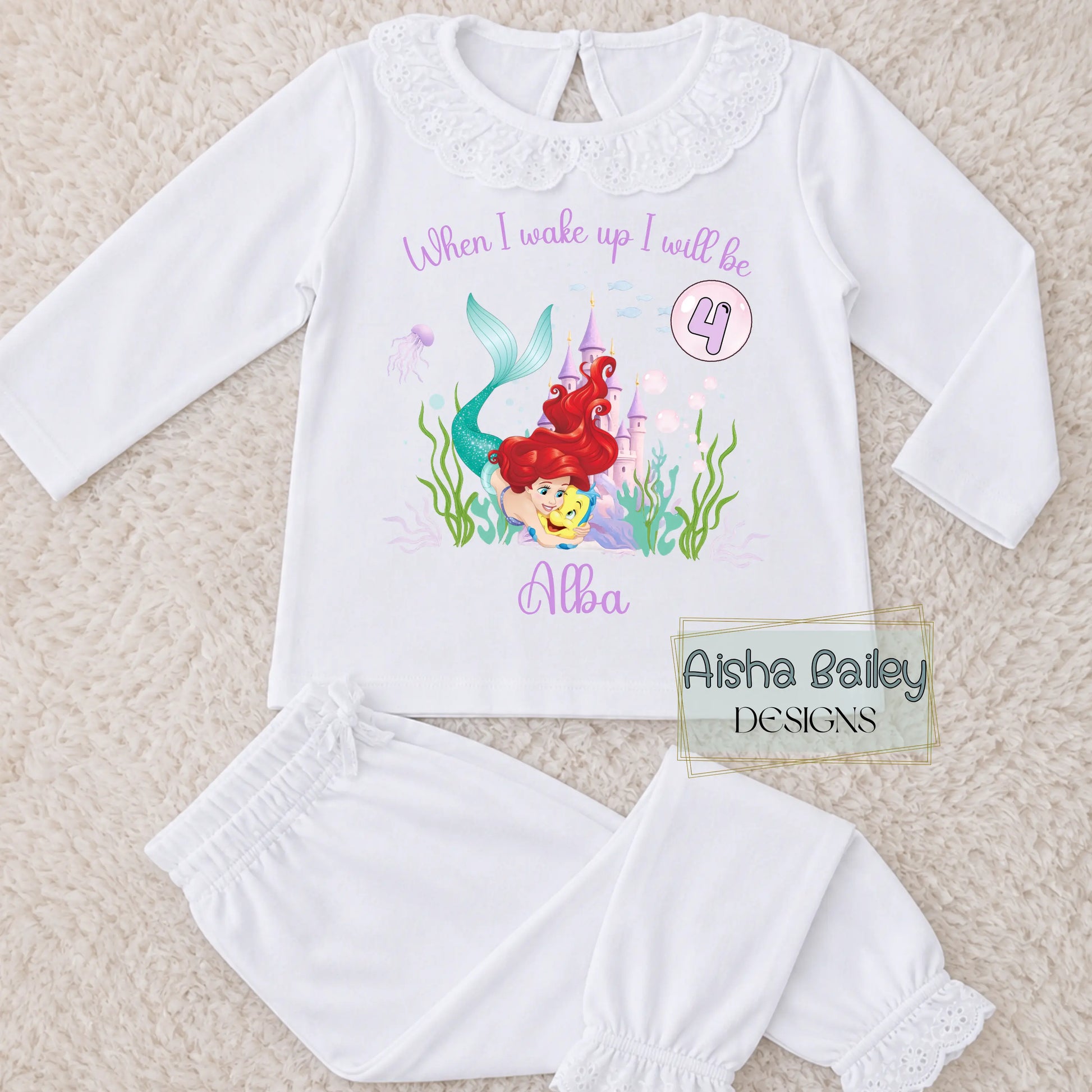 Personalised girls mermaid Ariel birthday pyjamas white frilly set with name Alba age 5