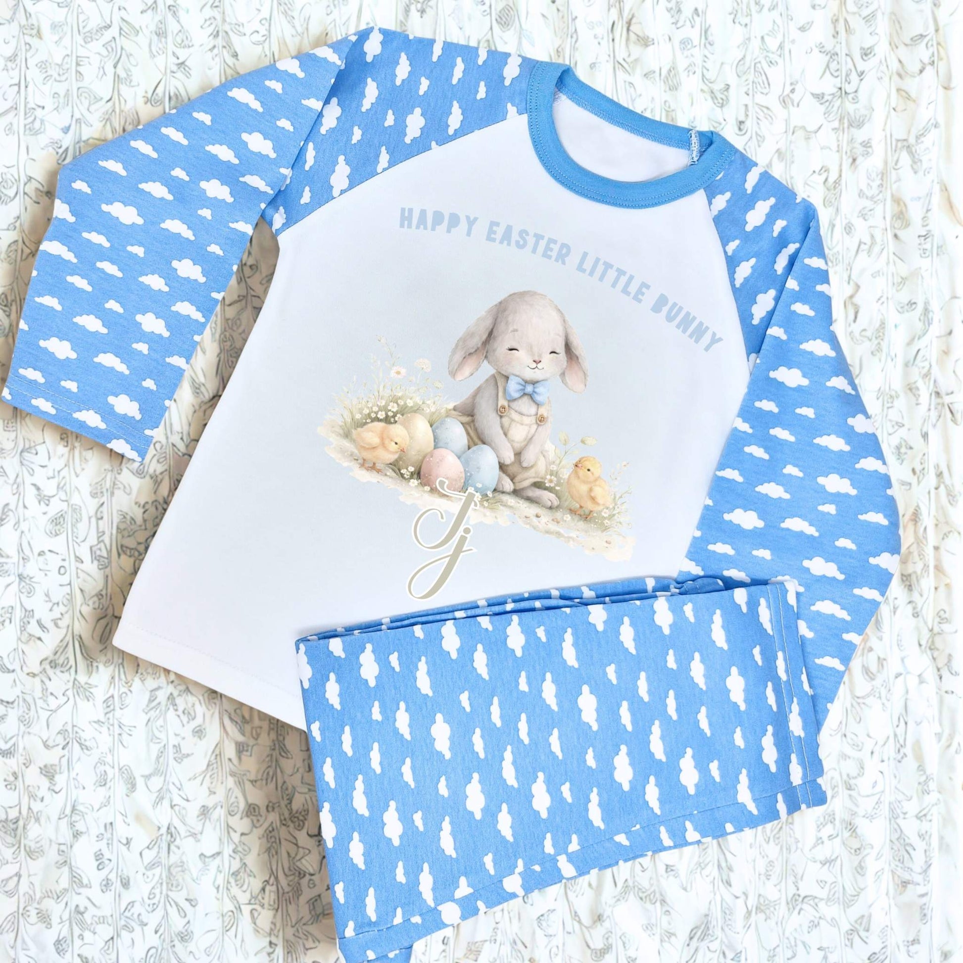 Personalised Easter Pyjamas: Boys Easter Pyjamas with personalised name featuring white bunny and pastel Easter egg design