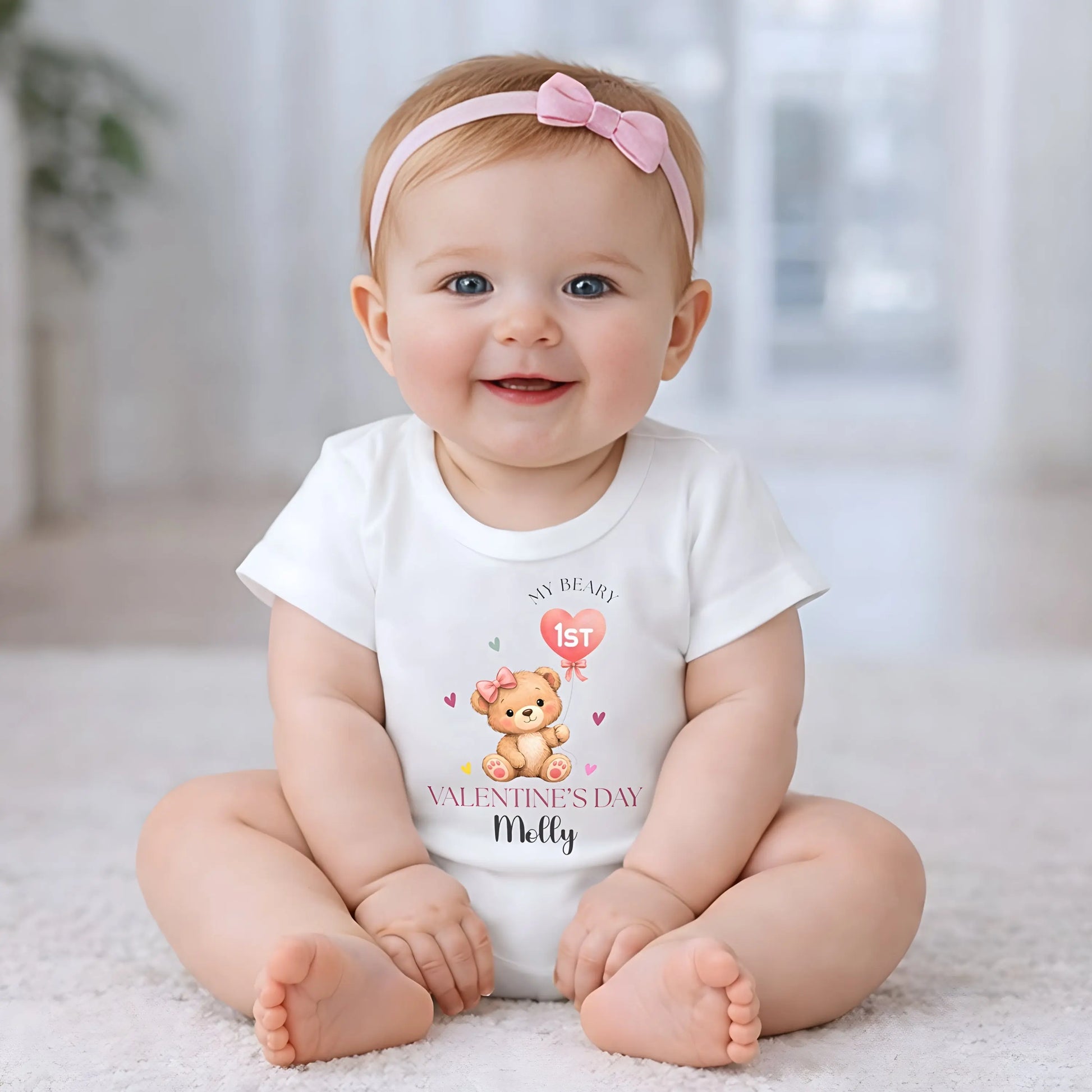 Personalised First Valentines Day baby girl outfit - baby grow, vest, bib with her custom name. The cute Valentine gift for baby