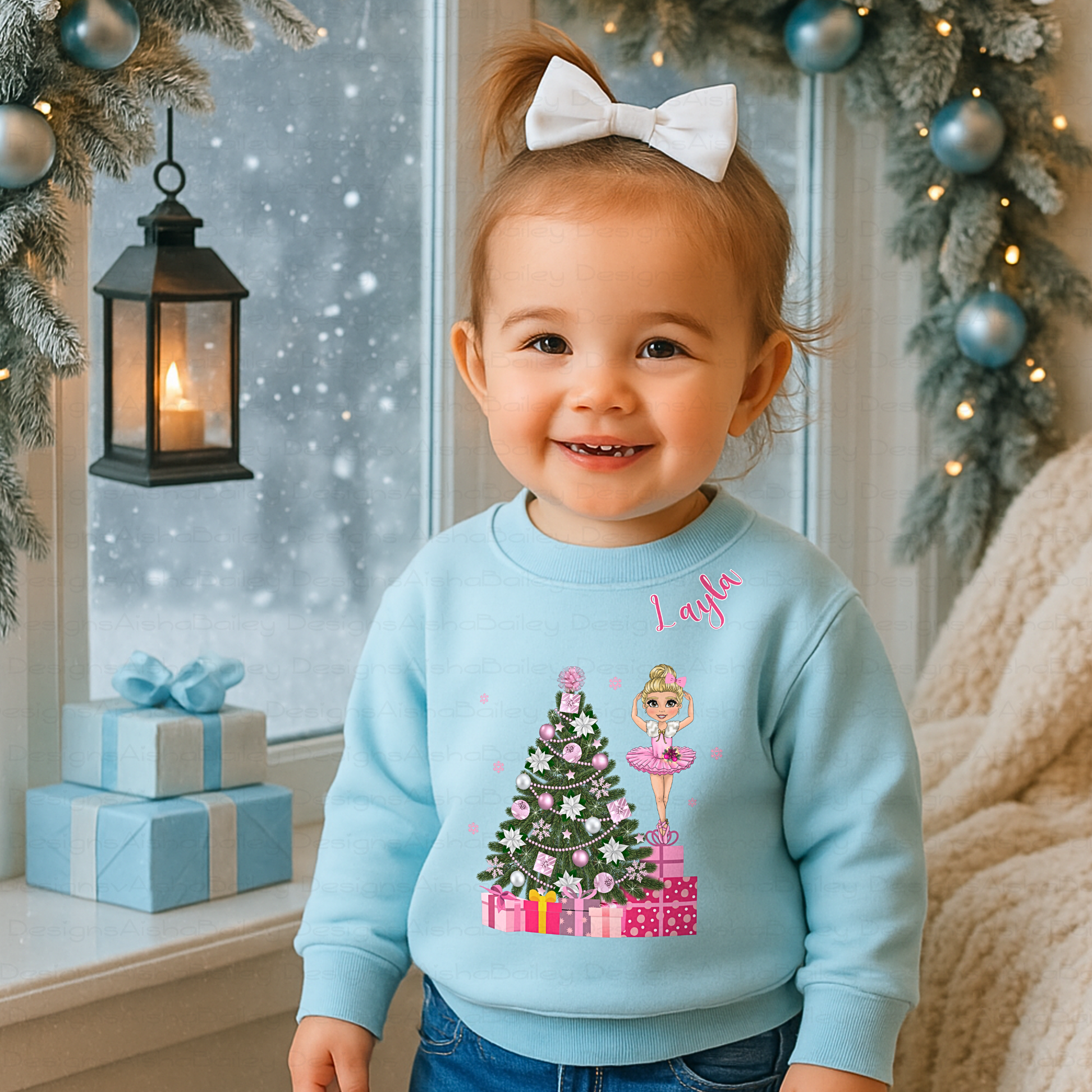 Personalised Christmas sweatshirt with ballerina customised to match child’s features, festive kids jumper, Christmas Jumper Day