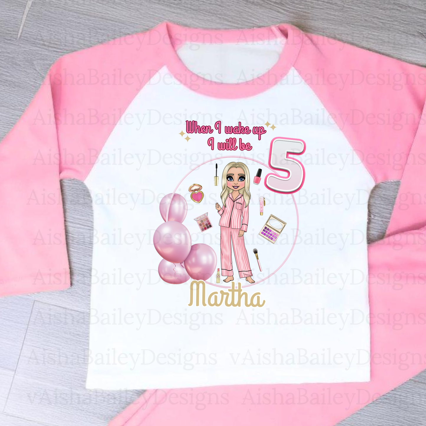 Girls personalised birthday pyjamas, irls personalised birthday pyjamas with a custom makeup doll design. A soft, cosy, and thoughtful birthday gift that’s unique to your child.