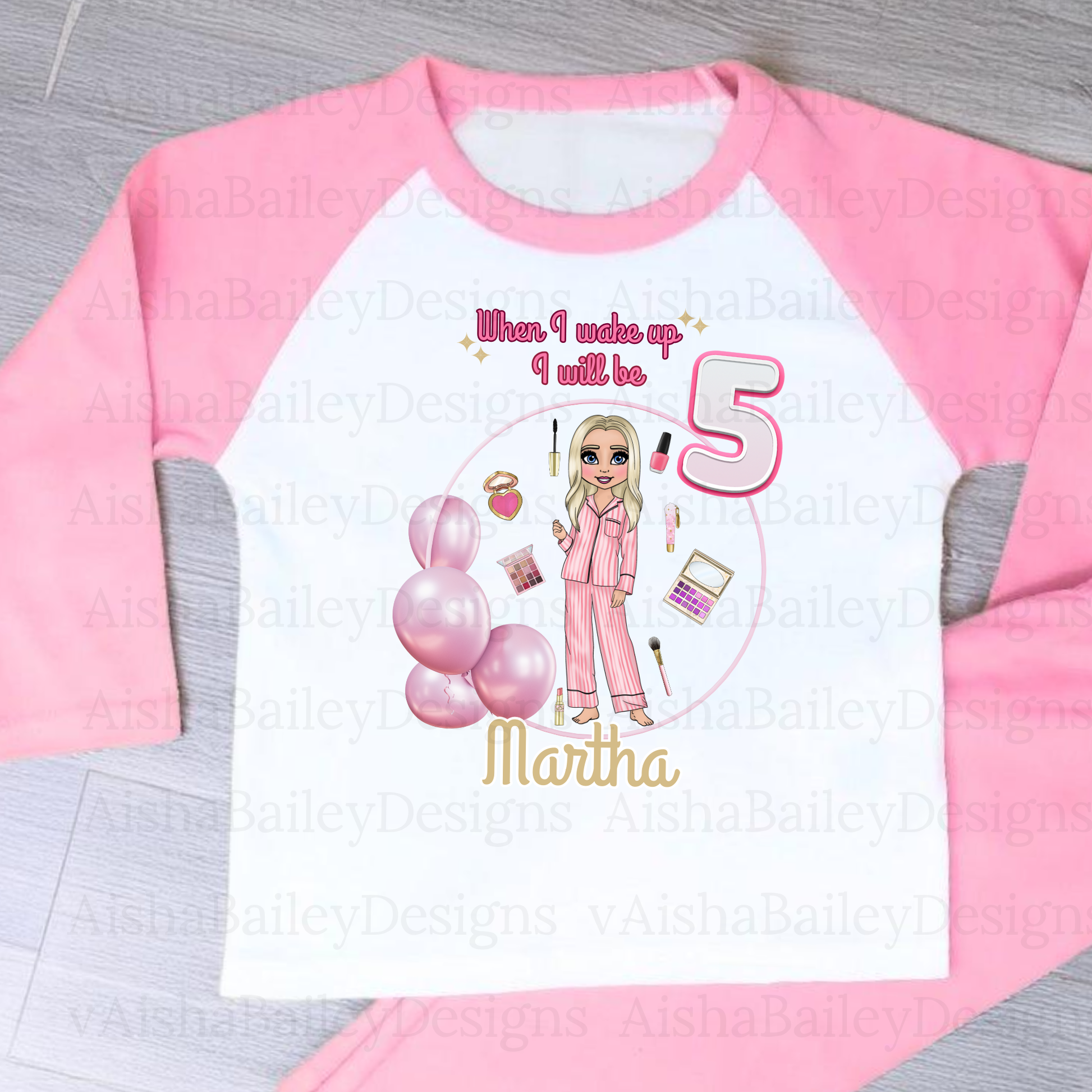 Girls personalised birthday pyjamas, irls personalised birthday pyjamas with a custom makeup doll design. A soft, cosy, and thoughtful birthday gift that’s unique to your child.