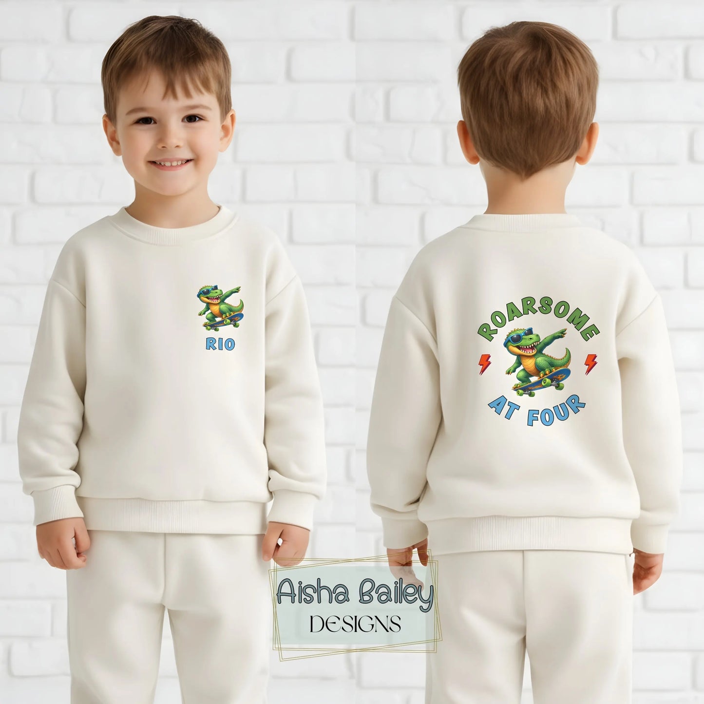 Personalised birthday loungewear set for boys with skateboard dinosaur design, custom name and age print, soft sweatshirt and matching bottoms for birthday celebrations