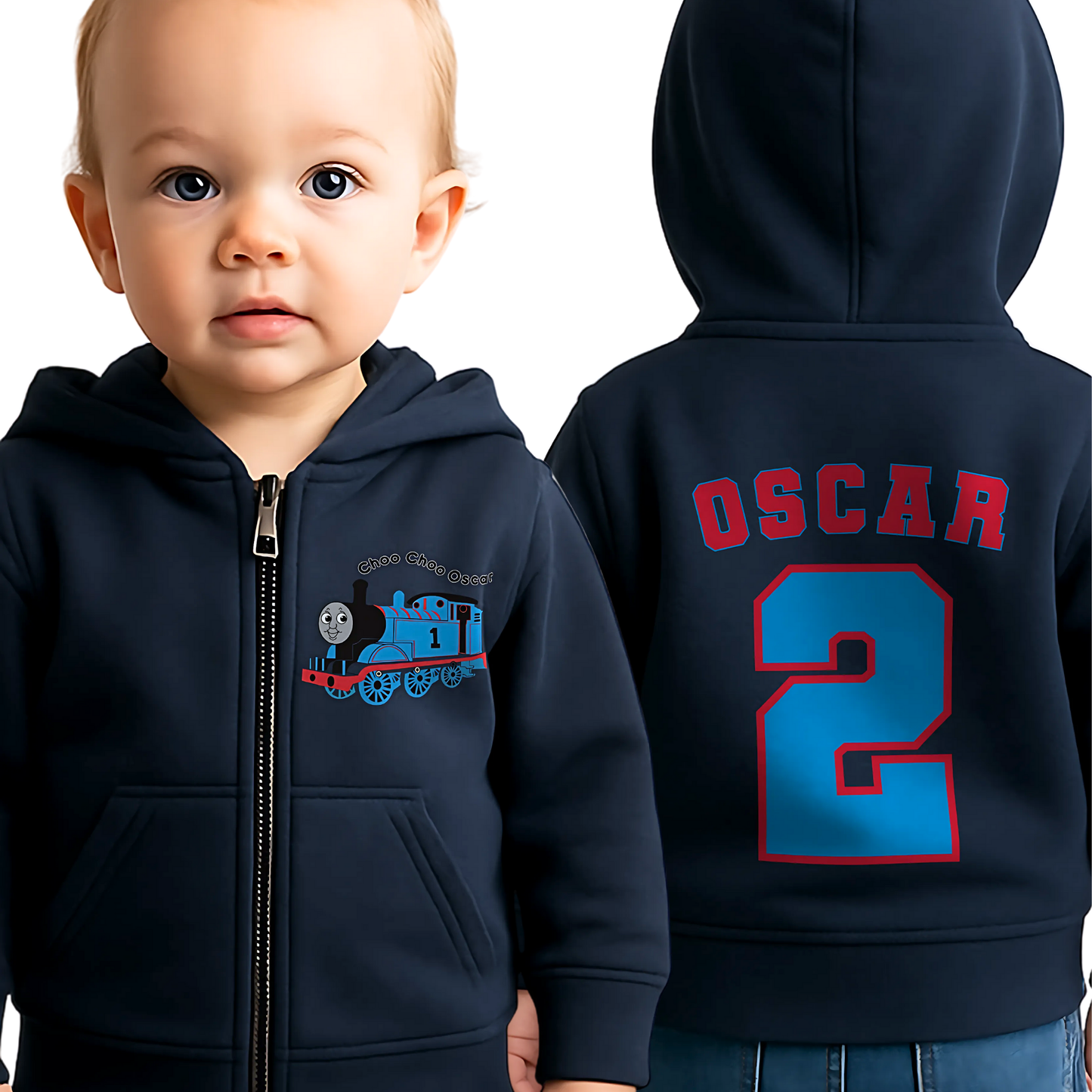 personalised thomas hoodie for boys – zip up with name on front and name plus age on back, birthday gift in white, black, grey, and navy blue