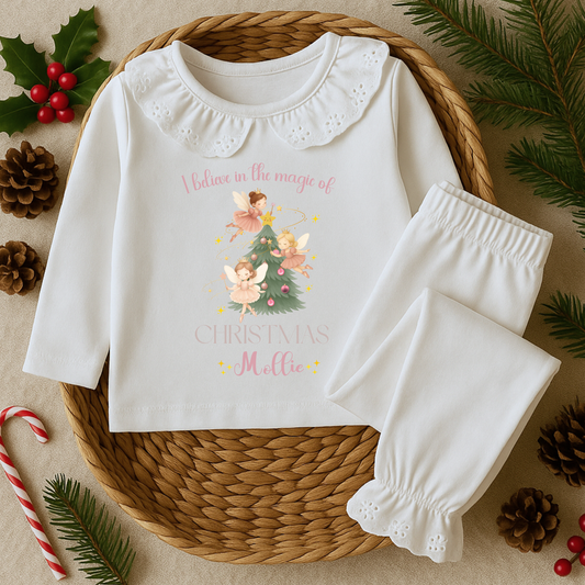 Girls Christmas pyjamas - personalised frilly white magical fairy pyjamas, When I wake up it will be Christmas