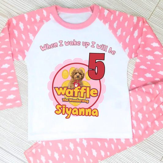 waffle birthday pyjamas, when i wake up waffle, girls waffle the wondedog, custom name pyjamas
