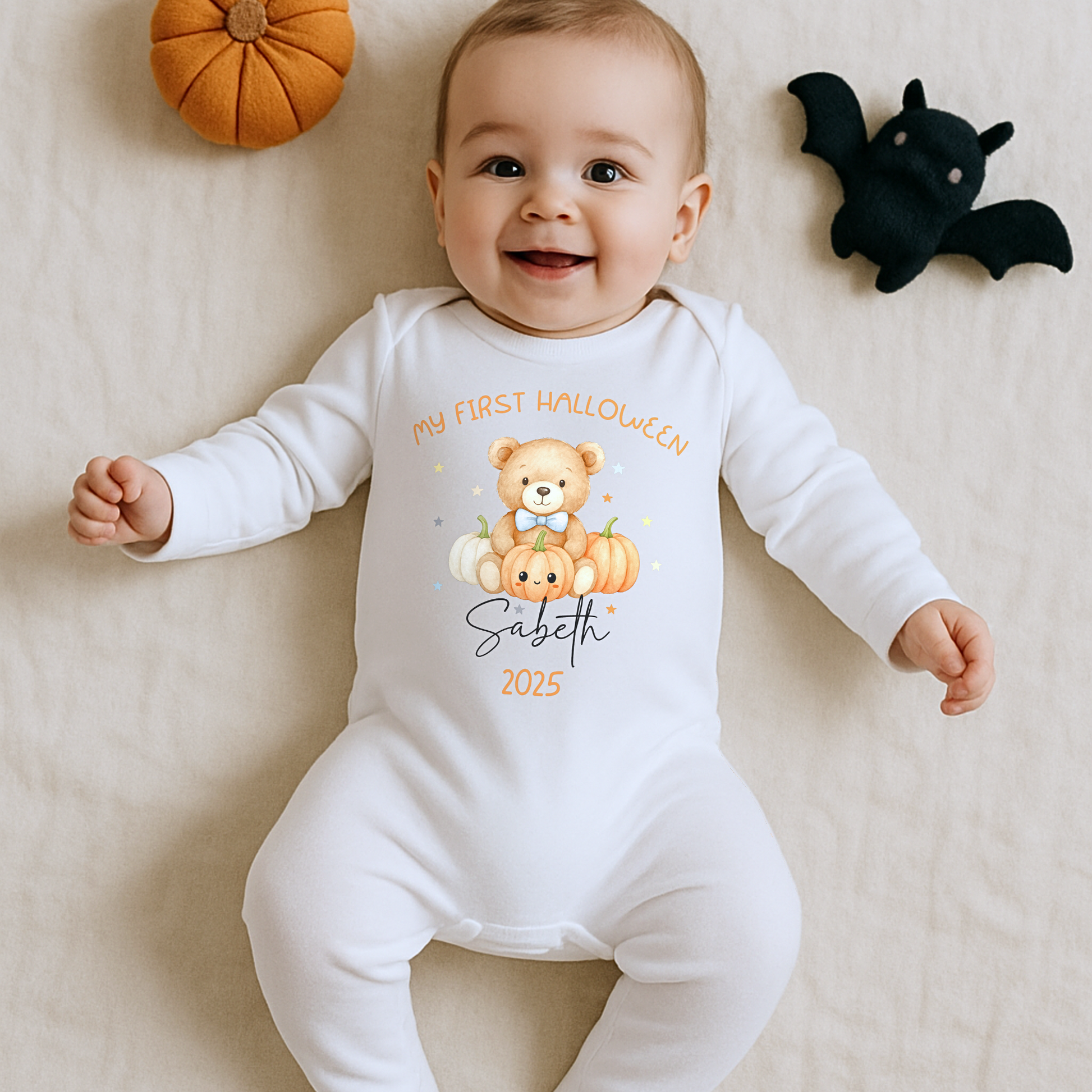 Personalised First Halloween Outfit for baby boy with teddy and pumpkin design, customised with baby name.