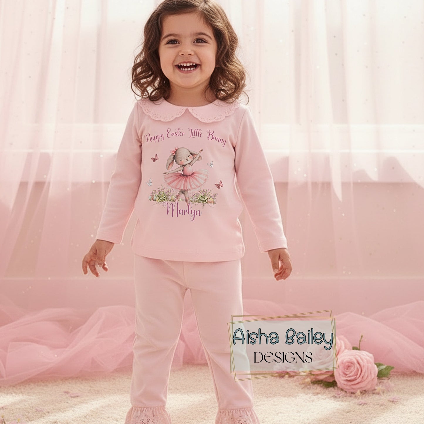 Personalised Easter pyjamas for girls with ballerina bunny design, frill details, and custom name in soft pastel colours