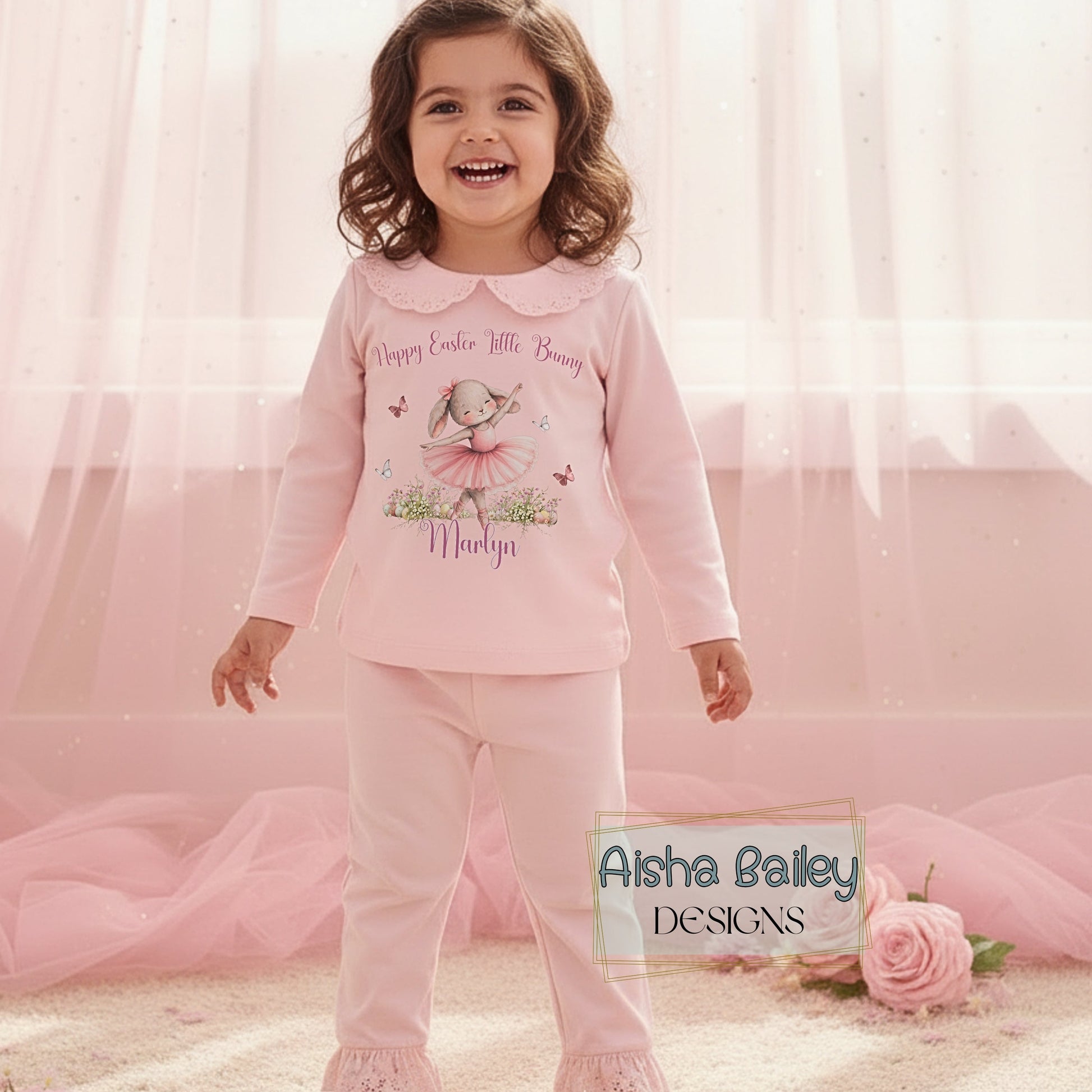 Personalised Easter pyjamas for girls with ballerina bunny design, frill details, and custom name in soft pastel colours