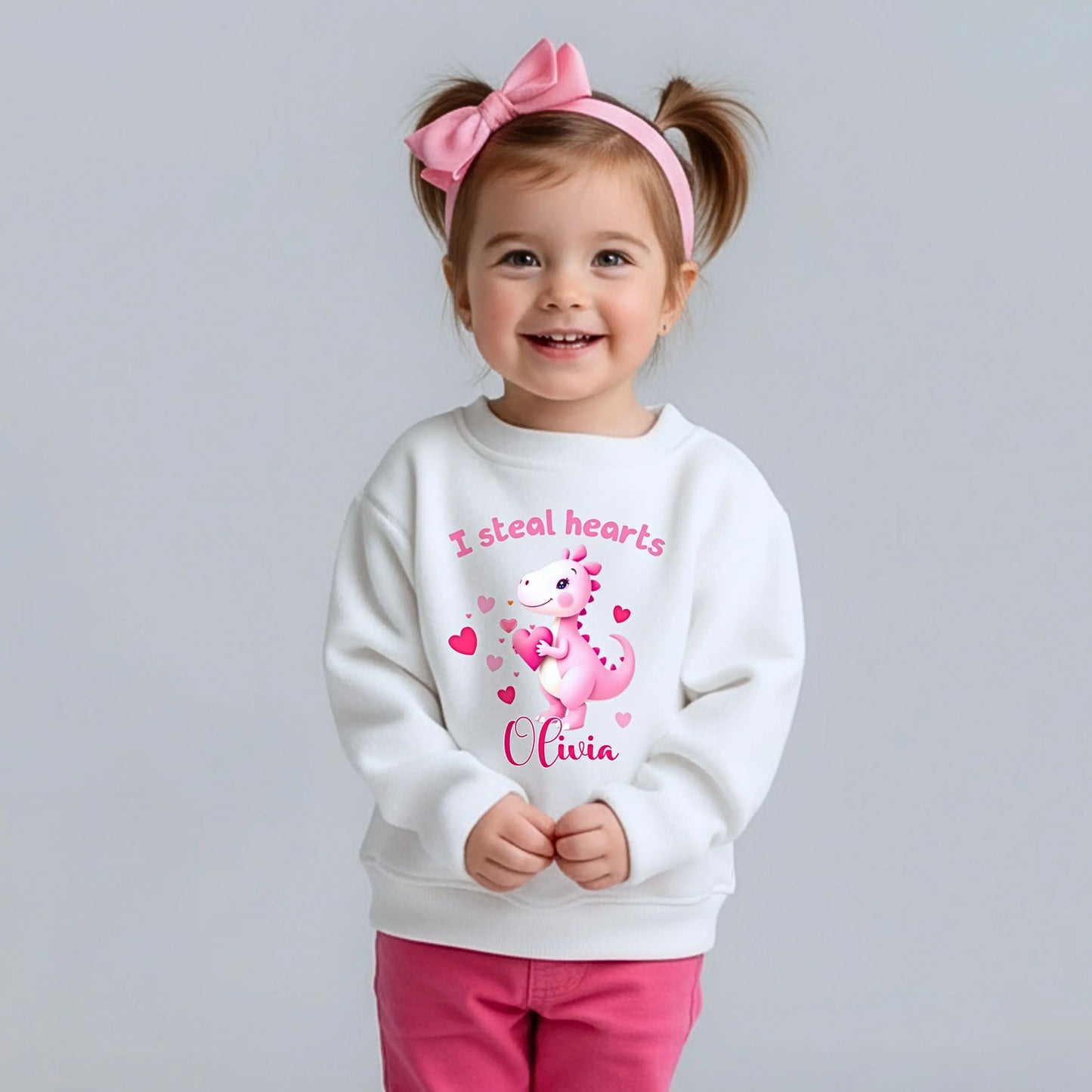Girls Valentines Day sweatshirt, I steal hearts personalised with custom name. Kids gift for valentines day