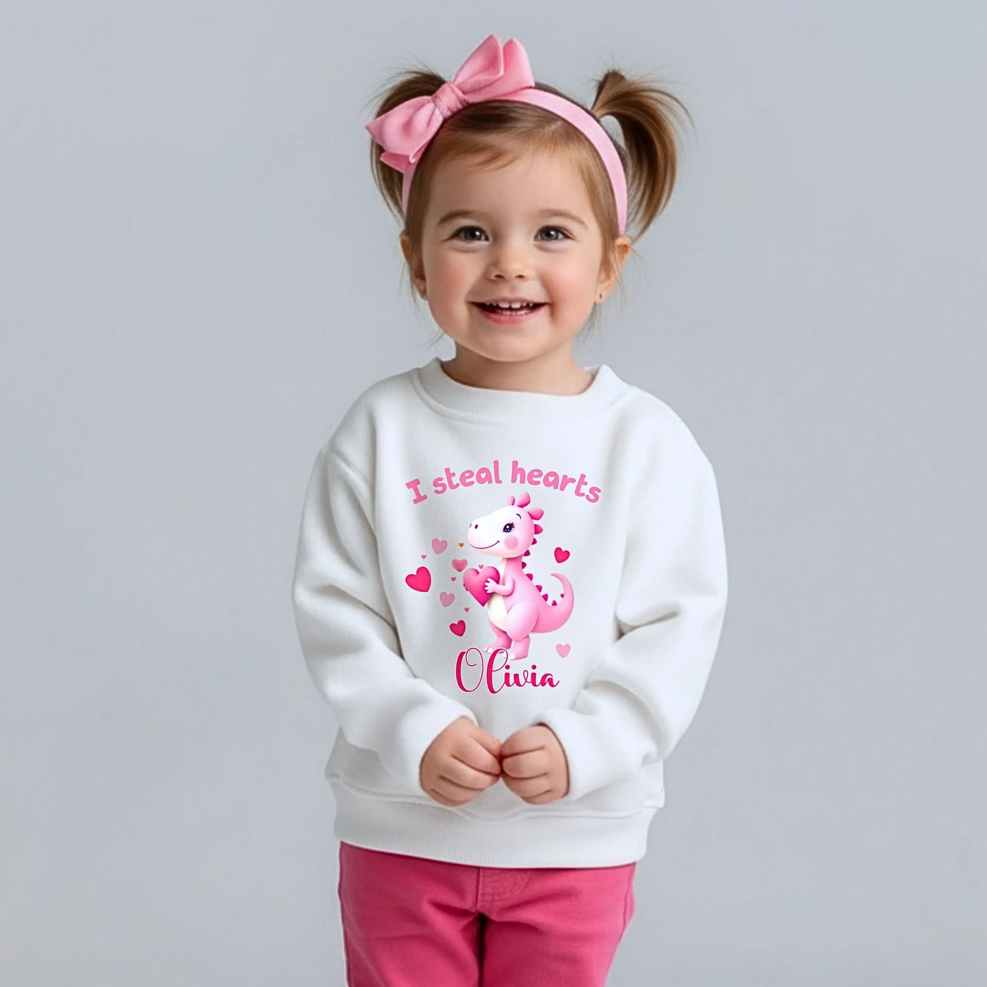 Girls Valentines Day sweatshirt, I steal hearts personalised with custom name. Kids gift for valentines day
