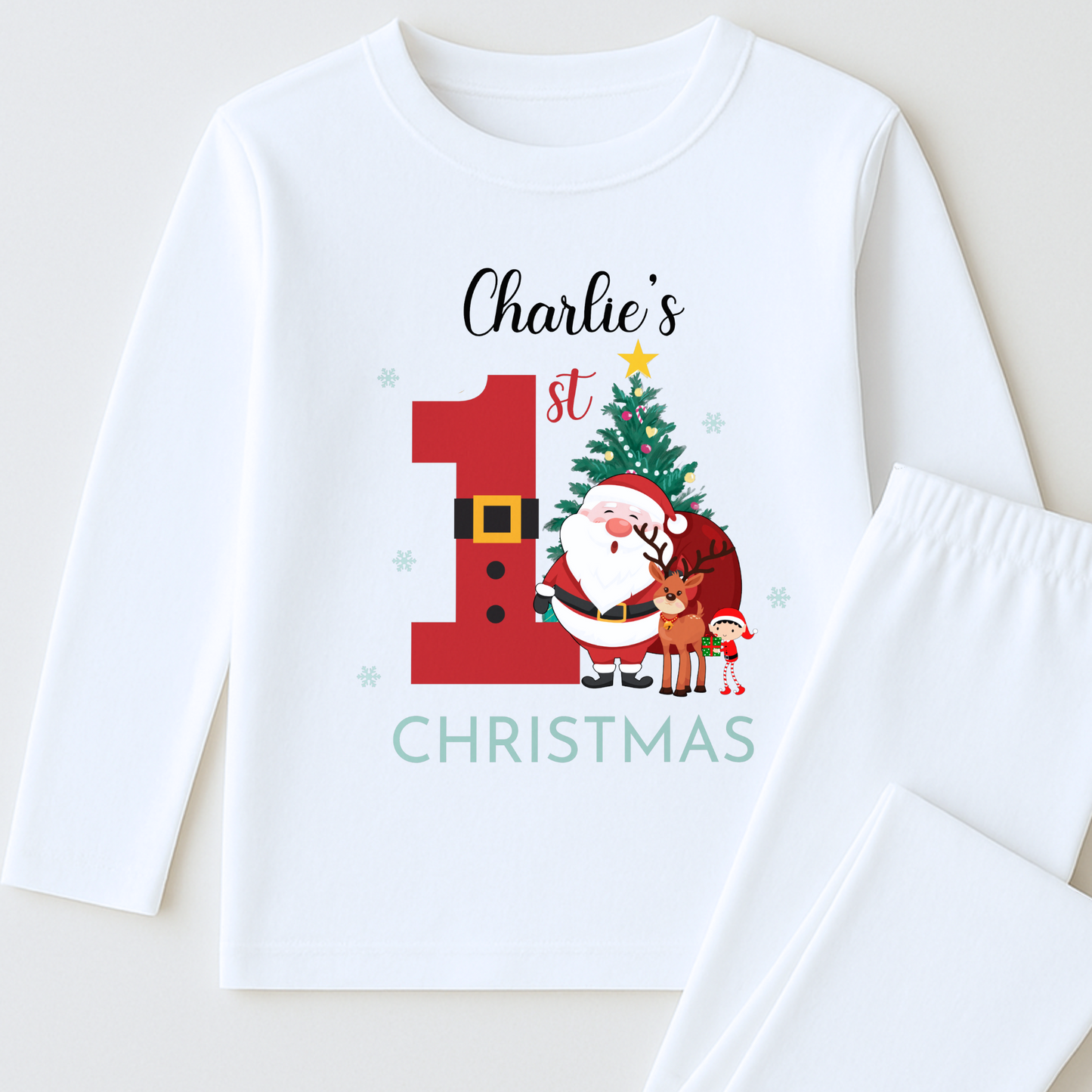 First Christmas Pyjamas, Personalised white baby 1st Christmas pyjamas with Santa and Christmas tree design