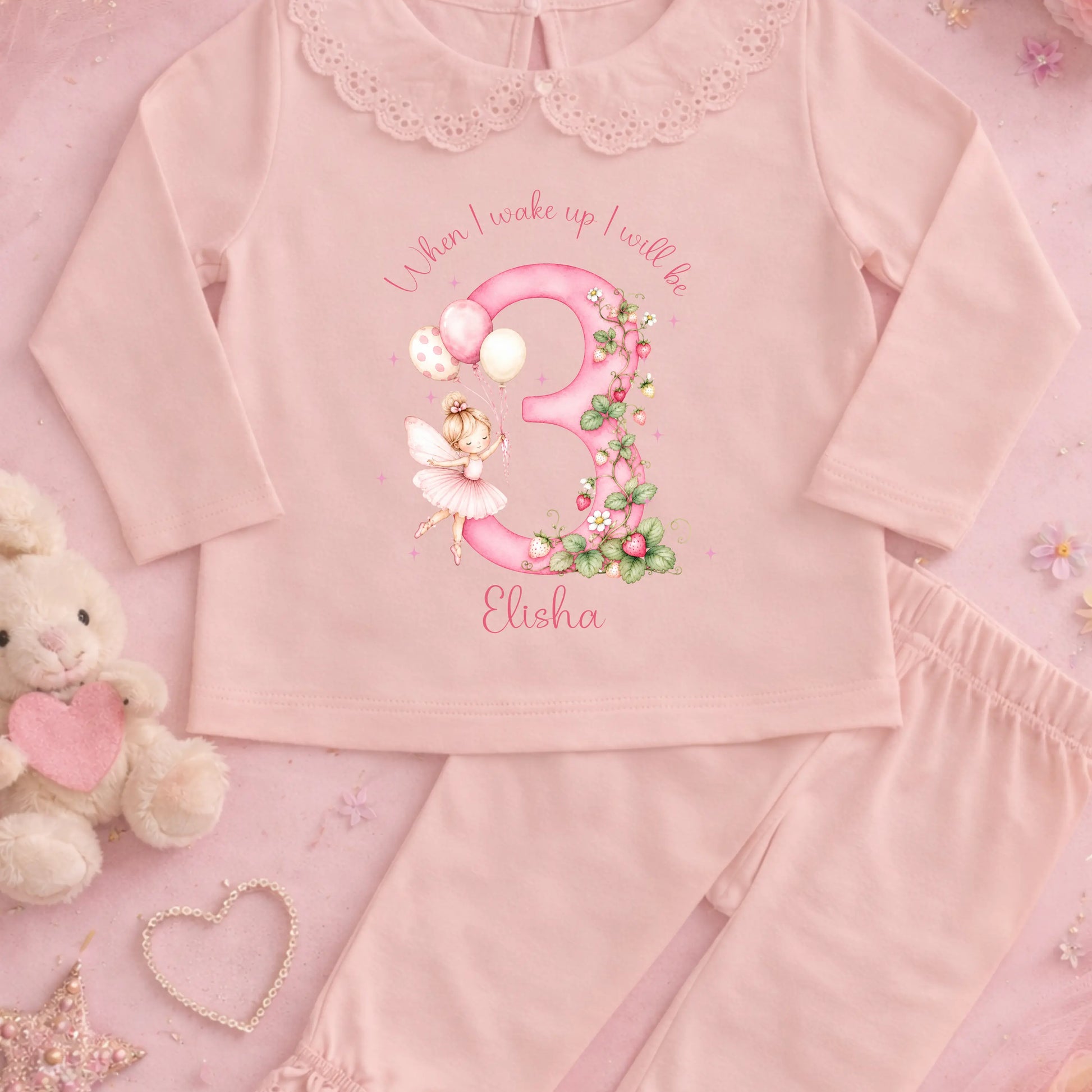 Girls Personalised Birthday Pyjamas – Strawberry Fairy Frill Pyjama Set AishaBaileyDesigns