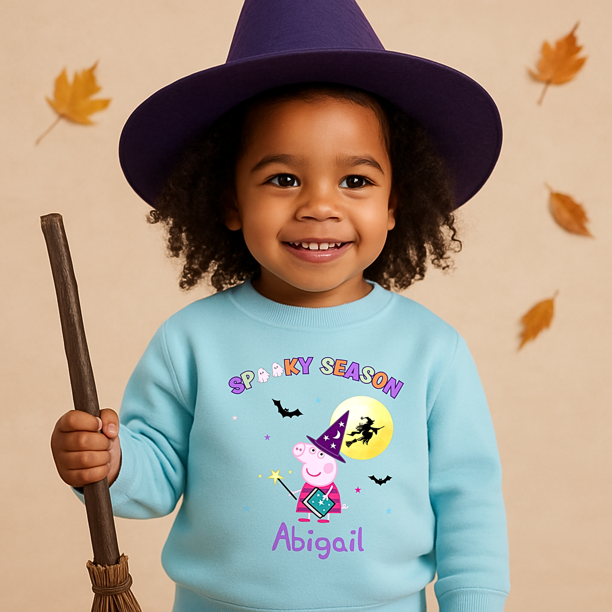 personalised halloween sweatshirt, Personalised Peppa Pig Halloween sweatshirt for kids with witch design and custom name