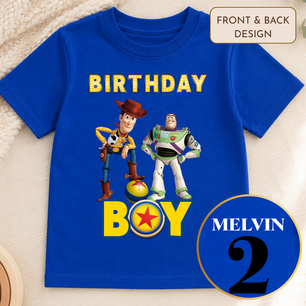Personalised Buzz and Woody Birthday T-Shirt with child’s name and age, featuring a colourful Toy Story design for boys celebrating their special day.