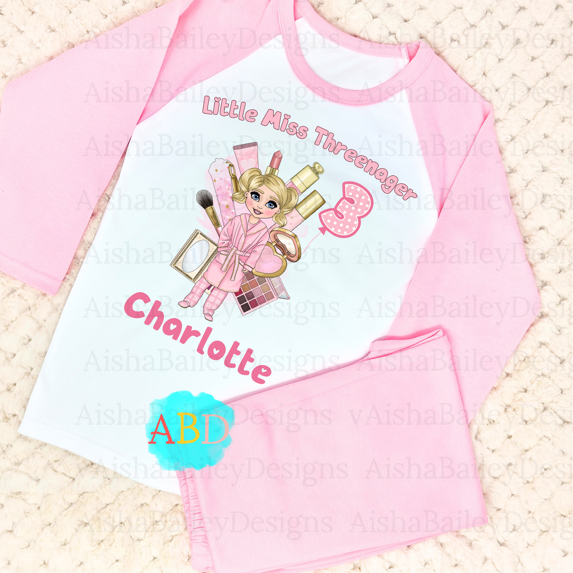 Personalised Threenager birthday pyjamas for 3rd birthday, Customisable Makeup Dolly PJs
