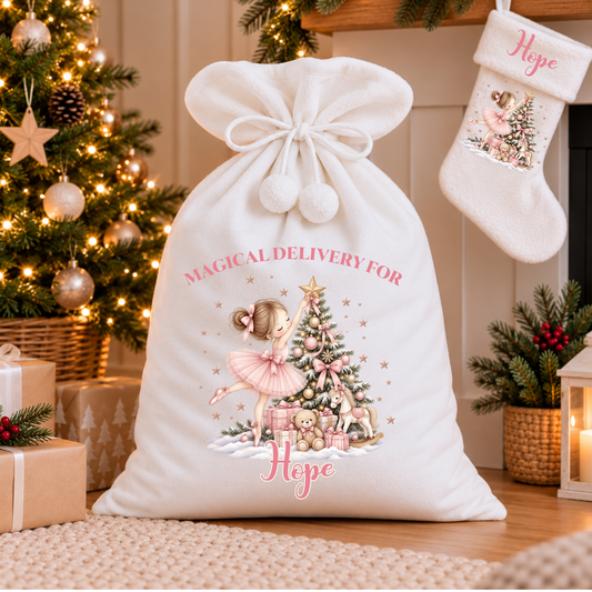 Personalised Christmas Stocking: Ballerina Christmas Stocking and Santa Sack featuring pink tutu dancer, decorated Christmas tree, teddy bear and rocking horse.