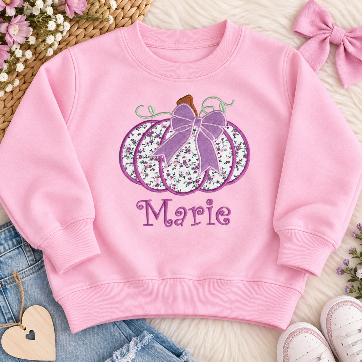 Personalised Halloween Sweatshirt for girls with embroidered floral pumpkin, purple bow and custom name, available in pink, lilac and white