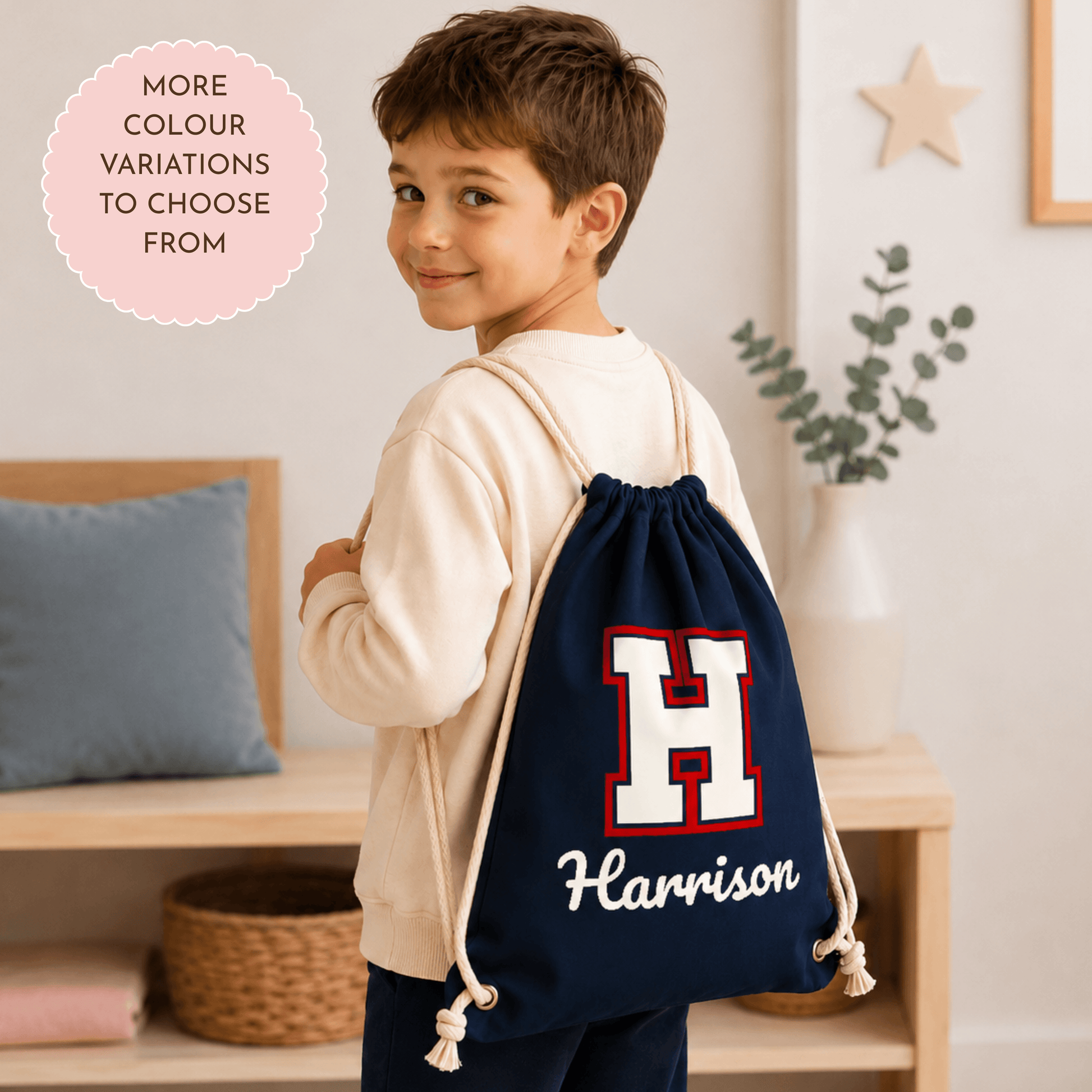 Personalised Varsity PE Drawstring Bag for Boys with custom initial and name, ideal for school, sports, swimming and gym kits.