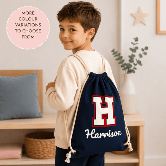 Personalised Varsity PE Drawstring Bag for Boys with custom initial and name, ideal for school, sports, swimming and gym kits.