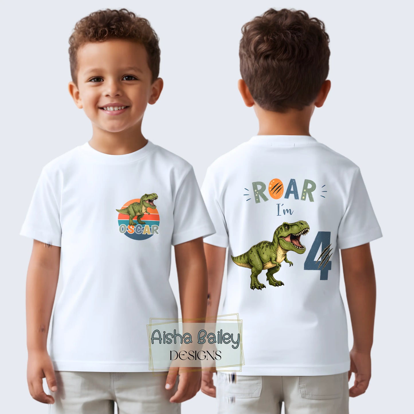 Personalised Boys Dinosaur Birthday T-shirt, Roar I’m 4 - 4th Birthday Tee AishaBaileyDesigns