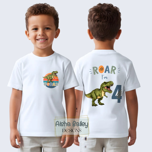 Personalised Boys Dinosaur Birthday T-shirt, Roar I’m 4 - 4th Birthday Tee AishaBaileyDesigns