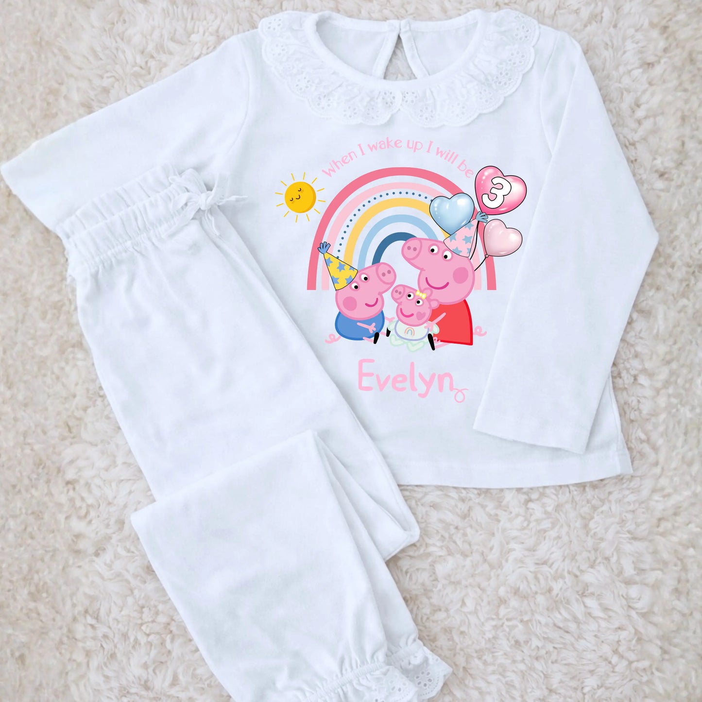 Girls Personalised Peppa Pig Frilly Birthday Pyjamas with Evie and George AishaBaileyDesigns