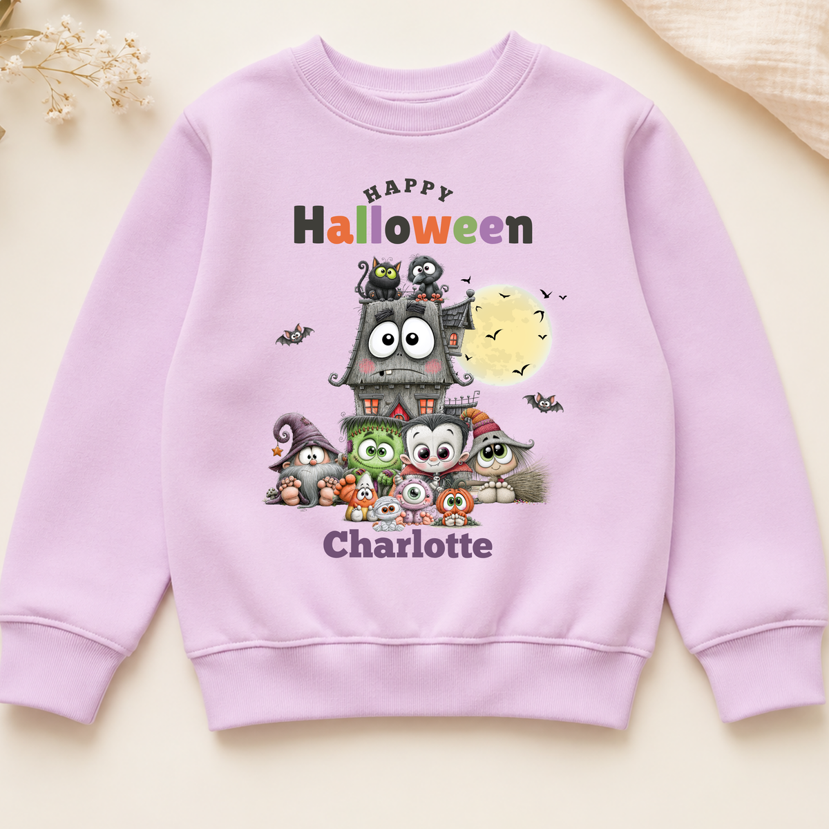 Personalised Halloween Sweatshirt for kids with cute monsters, haunted house, moon, bats and child's name