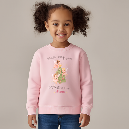Girls Christmas Sweatshirt: Personalised Christmas sweatshirt for girls with magical fairy and Christmas tree design, custom name print Christmas jumper 