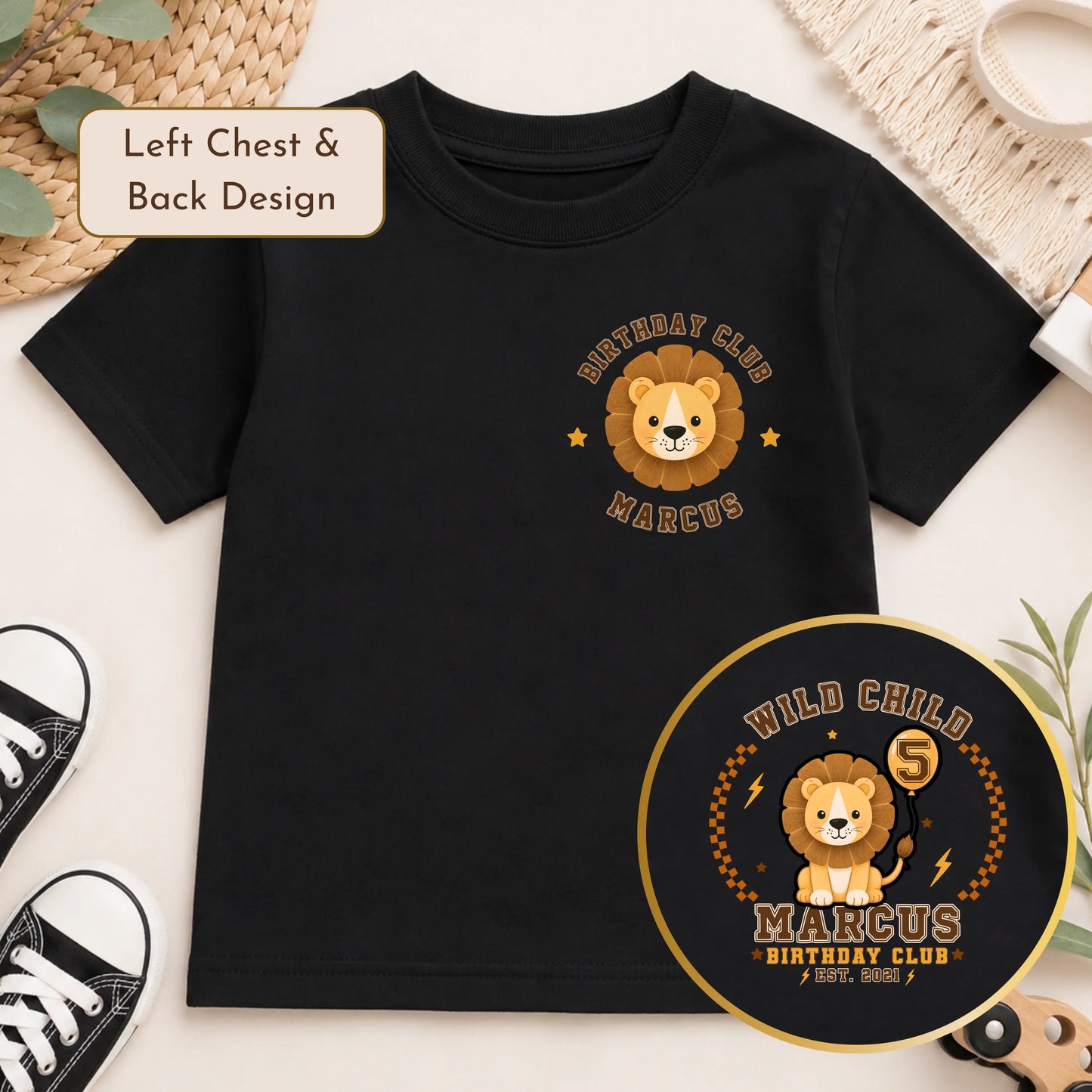 Personalised Lion Birthday T-Shirt for Boys - Birthday Club Back & Front Print AishaBaileyDesigns