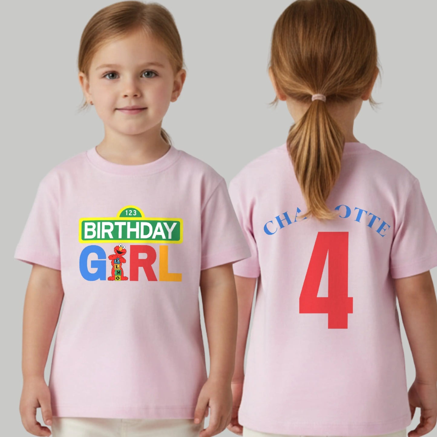 Personalised elmo birthday t-shirt for girls with custom name and age