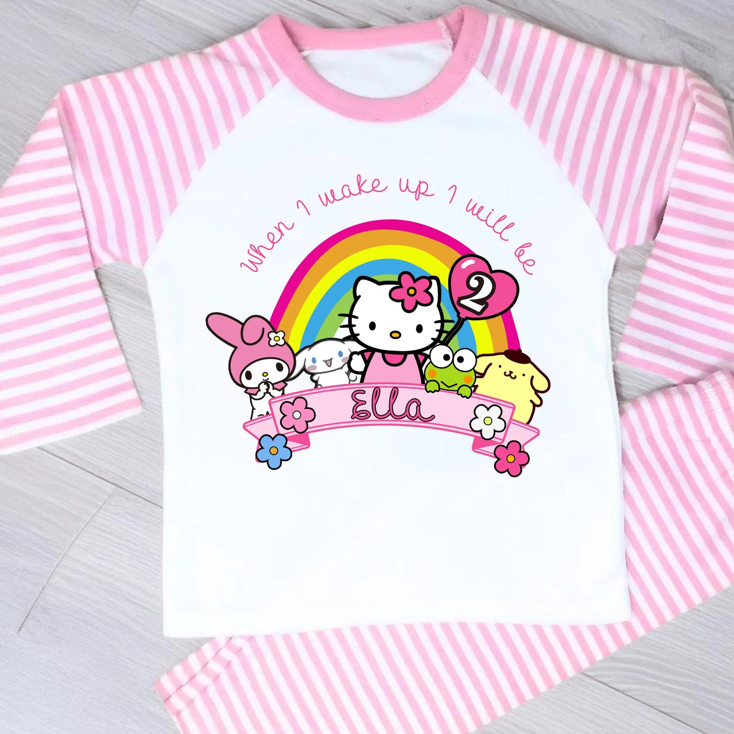 Personalised Hello Kitty Birthday Pyjamas for Girls – Custom Name & Age Kids PJs AishaBaileyDesigns