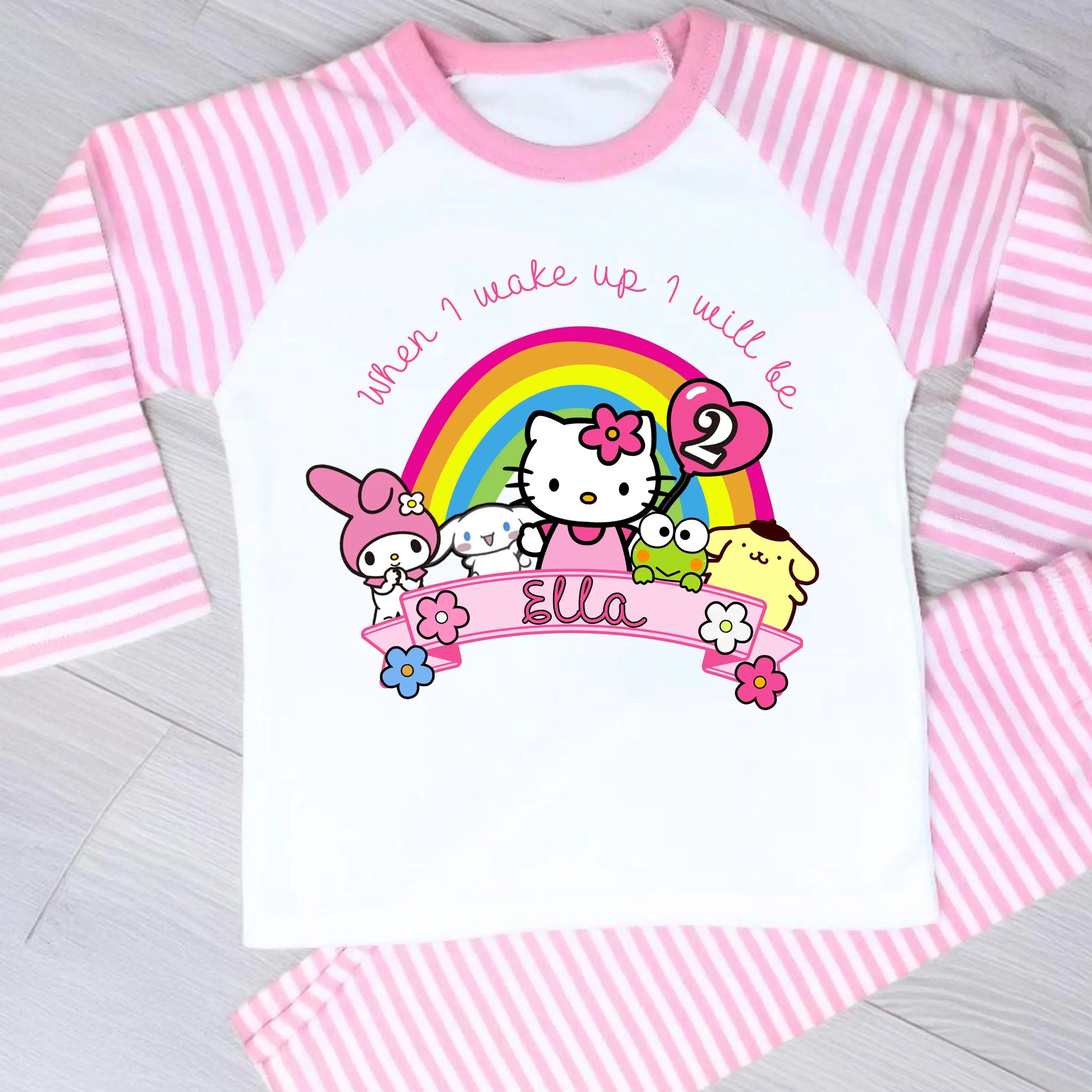Personalised Hello Kitty Birthday Pyjamas for Girls – Custom Name & Age Kids PJs AishaBaileyDesigns