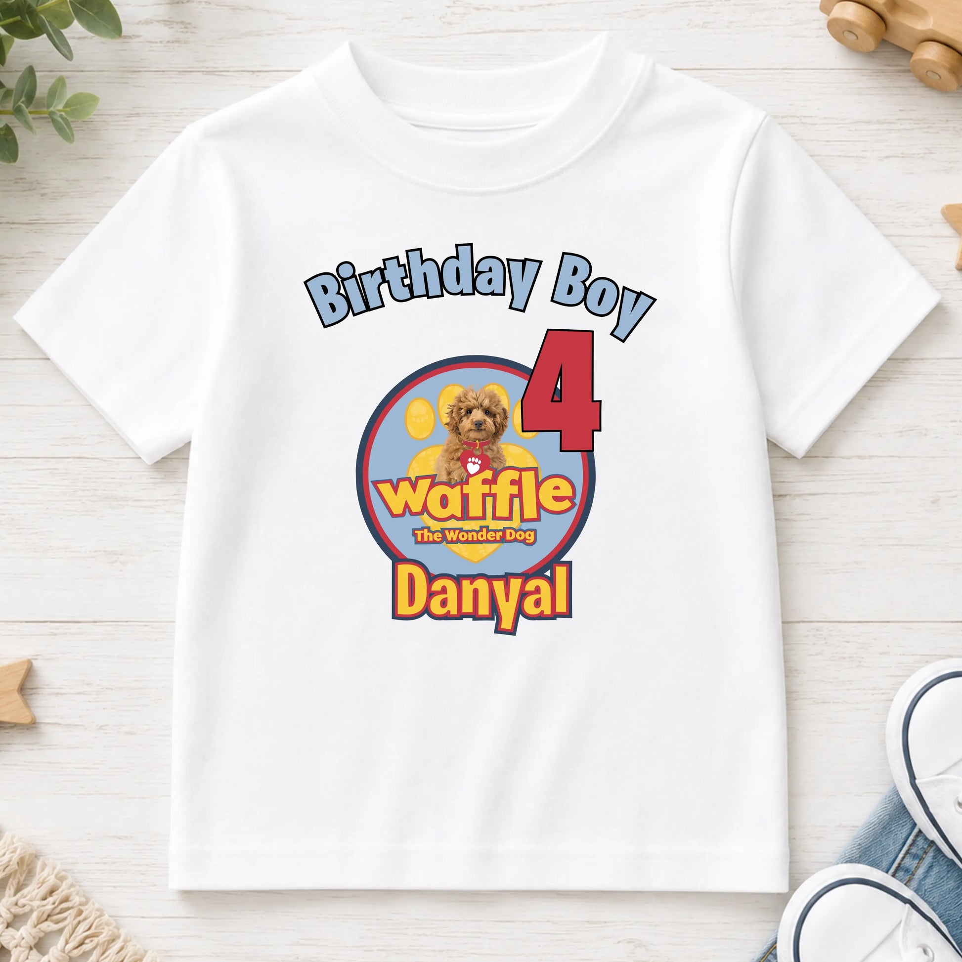 Personalised Boys Waffle Birthday t-shirt: Waffle the Wonder Dog AishaBaileyDesigns