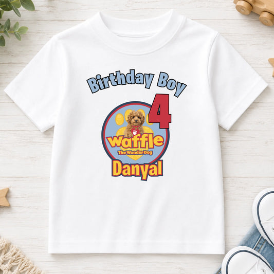 Personalised Boys Waffle Birthday t-shirt: Waffle the Wonder Dog AishaBaileyDesigns