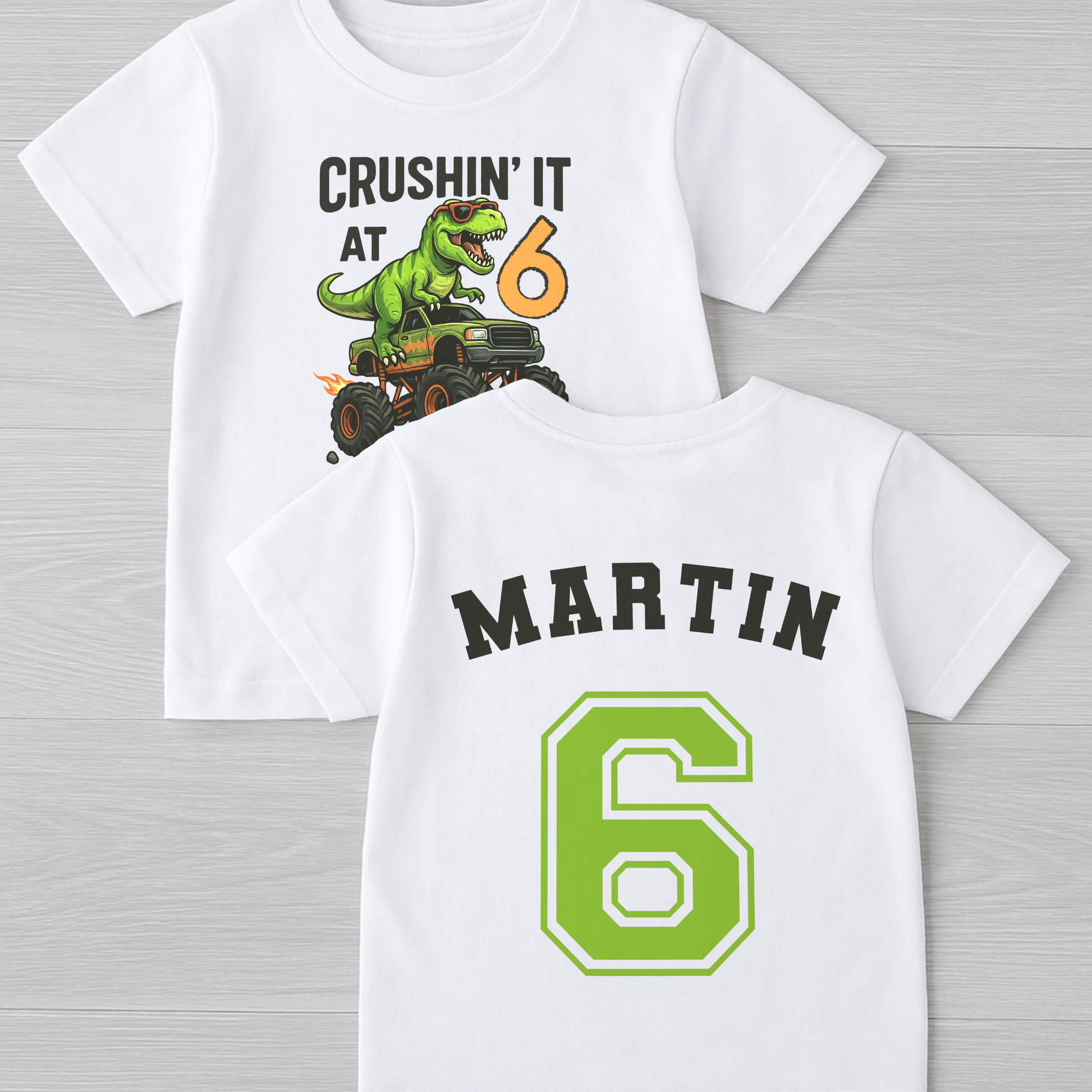 Personalised boys dinosaur birthday T-shirt with T-Rex monster truck and custom name and age back print