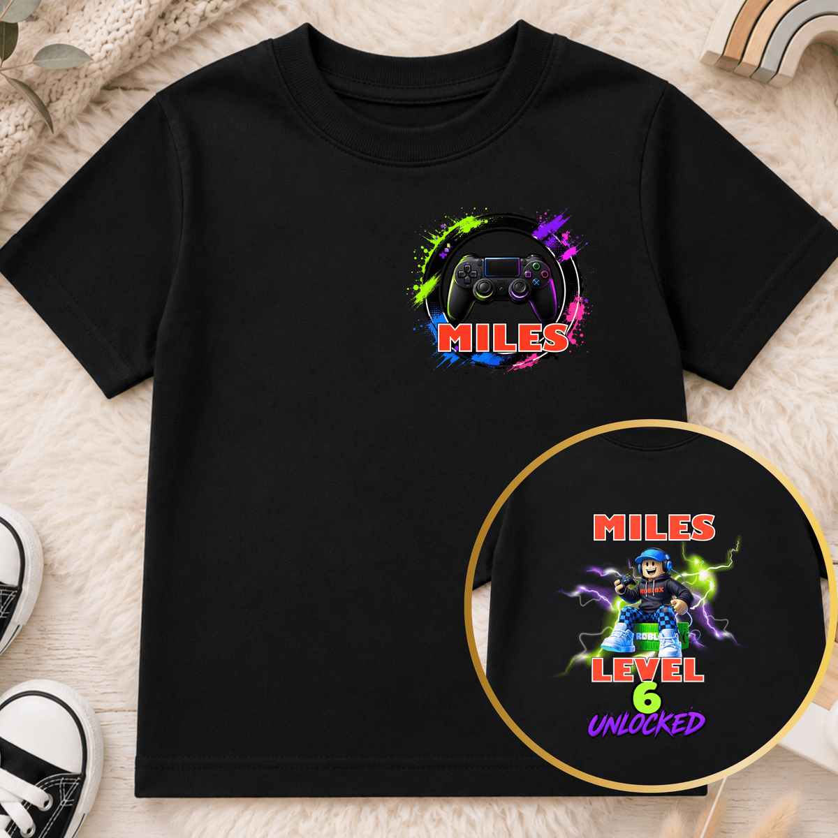 Personalised Roblox Birthday T-Shirt for Boys with custom name, age, gaming controller and Level Unlocked front and back design